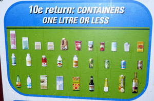 A poster with various beverage containers illustrate what items are worth 10 cents from Leduc Bottle Depot